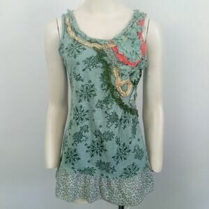 Lulumari Lulumon Tank Top Cotton Embellished Floral SZ S Ruffle Sleeveless Tunic